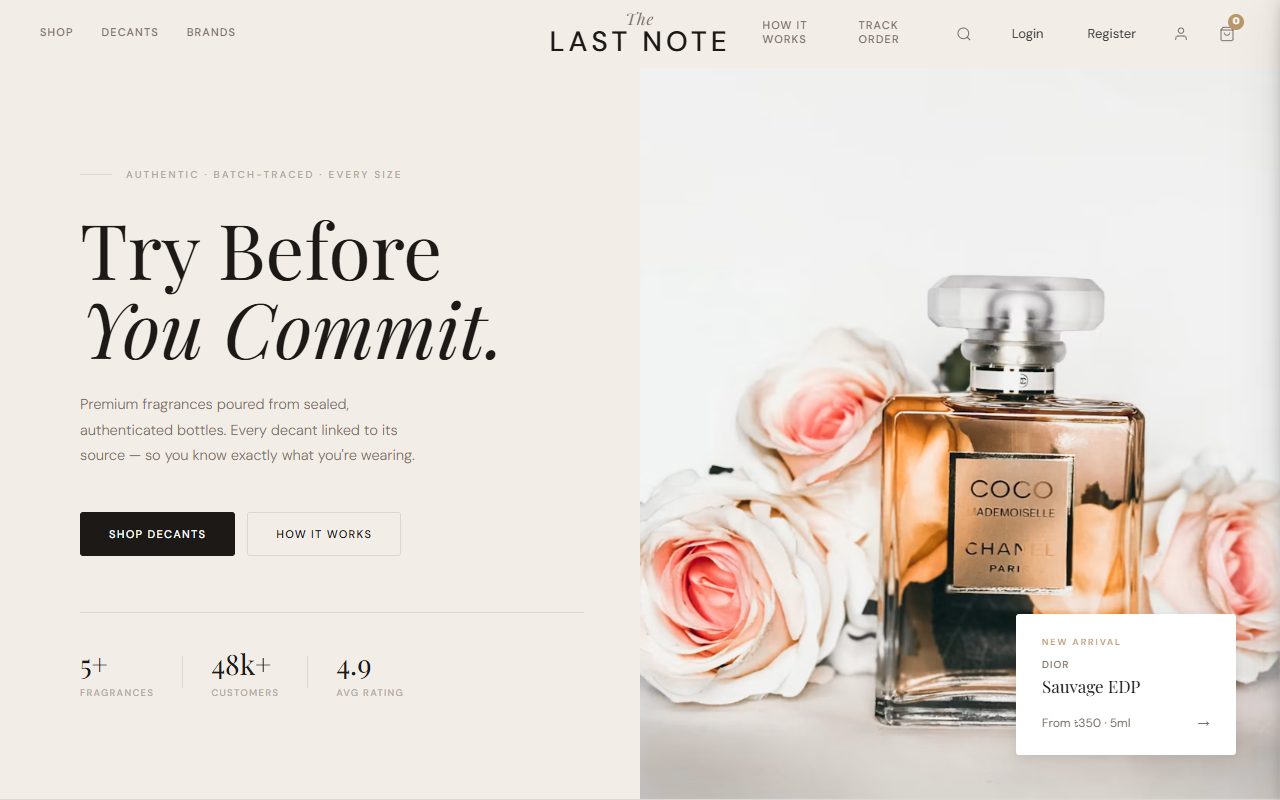 The Last Note homepage: a perfume decant storefront with the headline Try Before You Commit, a product photograph, and stats for fragrances, customers and average rating.